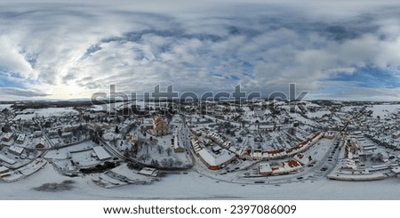 Aerial Panorama 360 view of a city Lubomierz with the beautiful church in the small town of Lubomierz in Lower Silesia, Poland. The shots were recorded in winter.