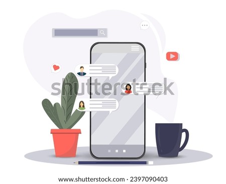 Working place with chat in mobile phone, sms on mobile phone screen, mobile app for messaging in social network, people chatting, flat vector illustration