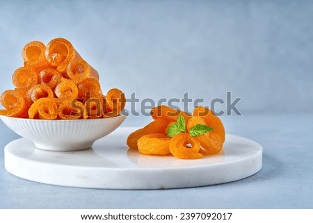 Middle Eastern  apricot Qamar Al-Din. Rolled dried apricot or dried apricot paste . Traditional ramadan food                              Royalty-Free Stock Photo #2397092017