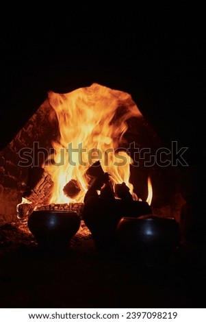 Cooking in a Russian oven. Pots against the background of fire and firewood close-up