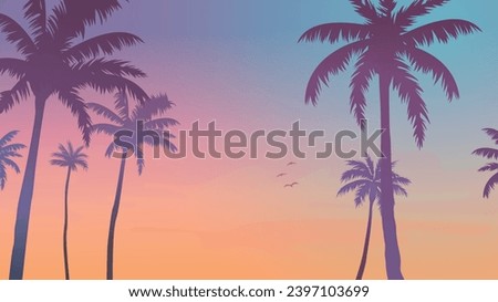 Sunset with the palms tree on colourful background. Vector illustration