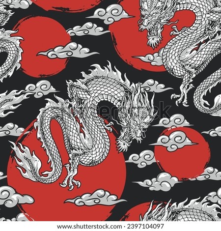 Japanese dragons colorful seamless pattern with flying lizards in clouds for comic book design in oriental magazines vector illustration