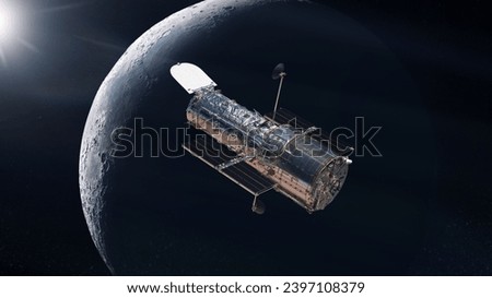 The Hubble space telescope on low-orbit of the Moon in outer space. Elements of this image furnished by NASA. Royalty-Free Stock Photo #2397108379