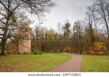 Autumn forest next the Chateau Castle de Pourtales in Robertsau near Strasbourg, Alsace, France