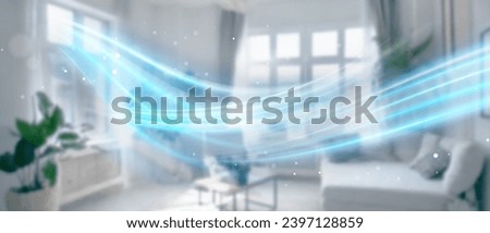 Blue waves of fresh clean air in the apartment. Air conditioner. Fresh scent and air filtration effect. Royalty-Free Stock Photo #2397128859