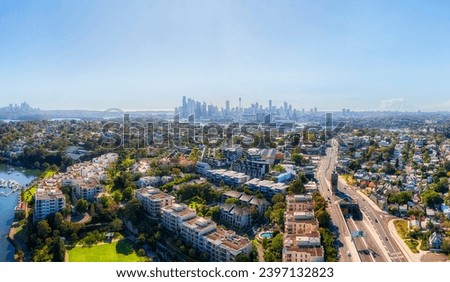 Rozelle inner West suburb in Sydney - short aerial panorama over Victoria road motorway entrance to interchange tunnel. Royalty-Free Stock Photo #2397132823