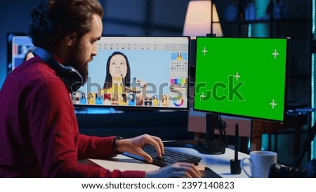 Photo editor working in independent production company using green screen monitor. Photographer adjusting white balance on overexposed pictures on mockup desktop computer