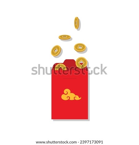 Red envelope and lucky money flat vector illustration isolated on white background. Element for asian lunar new year, chinese new year concept. Clip art for greating card, banner, web, sticker.