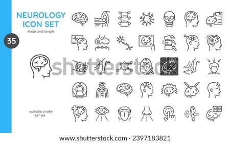 Neurology Icons Set. Thin Linear Illustrations of Brain, Neuron, Spinal cord, Synapse, MRI and CT Scan, Perceptions, Mental Health Diagnostics and Examination. Isolated Outline Vector Signs.  Royalty-Free Stock Photo #2397183821