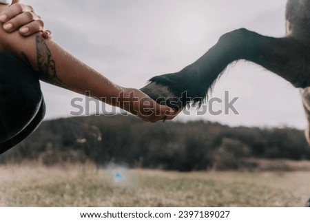 Young happy woman with her pony horse in evening sunset light. Outdoor photography with fashion model girl. Lifestyle mood. Concept of outdoor riding, sports and recreation.