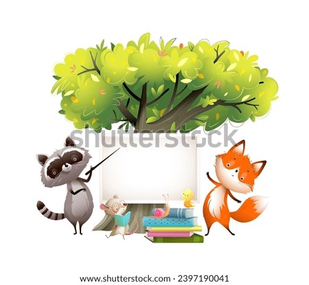 Cute animals at school reading books and studying in forest under big tree. Cartoon for children education. Vector hand drawn clip art illustration in watercolor style for kids.