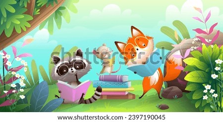 Cute animals reading book or studying in the forest landscape. Kids library illustration for education and study, funny animals reading books cartoon, Vector fairytale jungle in watercolor style.