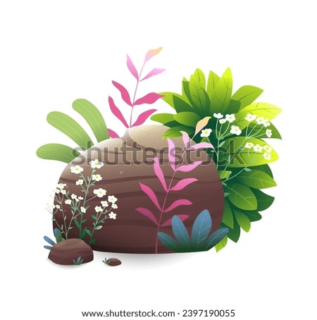 Forest or garden stone with plants and flowers isolated object. Grass leaves and flowers with a stone, decoration clipart. Hand drawn nature vector illustration in watercolor style for kids.