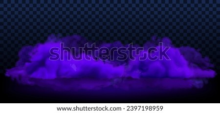 Vector purple smoke on ground backdrop. Mystic night clouds on black background, realistic banner template with copy space. Halloween illustration