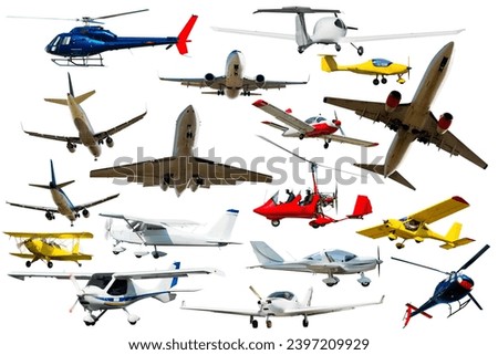 Sports and passenger aeroplanes, gliders and gyroplanes isolated on white background