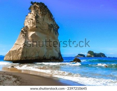 Cathedral Cove's captivating landscape captured in a photo. Towering rock formations create a dramatic silhouette over crisp blue waters on the beach. Ideal for coastal dreams and beach projects.