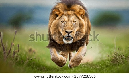 Lion running towards camera ready to charge Royalty-Free Stock Photo #2397218385