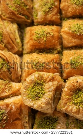 Assortment of Turkish baklava dessert close up Royalty-Free Stock Photo #2397221381