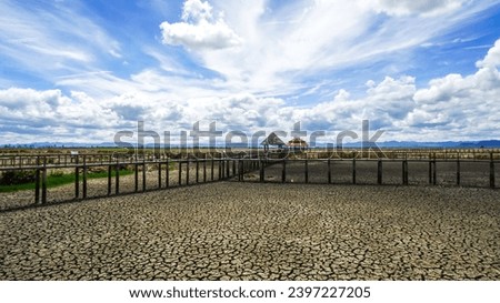 Wood walk way at Sam Roi Yot Freshwater Marsh or Bueng Bua Khao Sam Roi Yot National Park in Thailand. Boardwalk bridge. In Summer the ground is dry and cracked, there is no water in the pond. Royalty-Free Stock Photo #2397227205