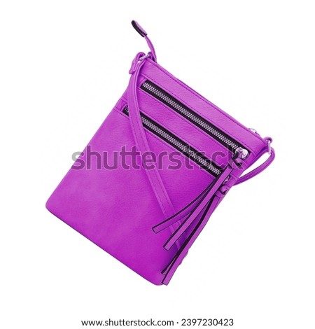 Small violet leather haversack backpack bag. Wallet adjustable shoulder or wrist handle. Pockets with ample storage capacity, ideal for agendas, cell phone, storing personal items isolated on white Royalty-Free Stock Photo #2397230423