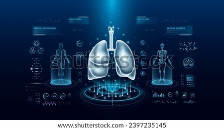 Lung health care technology with scan virtual interface hologram style. X ray and MRT human body examination. Medical diagnostic with HUD, UI, GUI. Analysis in futuristic laboratory. Vector EPS10. Royalty-Free Stock Photo #2397235145