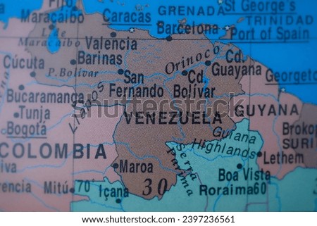 Venezuela on political map of globe, travel concept, selective focus, background Royalty-Free Stock Photo #2397236561