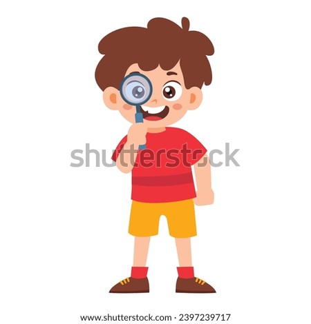 Little Kid inspecting through magnifying glass. Little boy standing and holding magnifier. Investigation Research Activity Isolated Element Objects. Flat Style Icon Vector Illustration