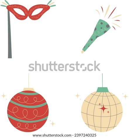 New Year Retro Decoration Icon Set. With Flat Cartoon Design Style. Isolated Vector.