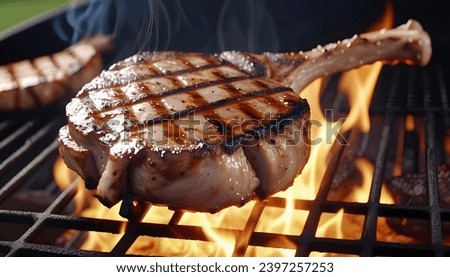 Close up shot of sizzling pork chop on a outdoor grill, showing flames, very detailed, intricate, isolated, deliciously looking.