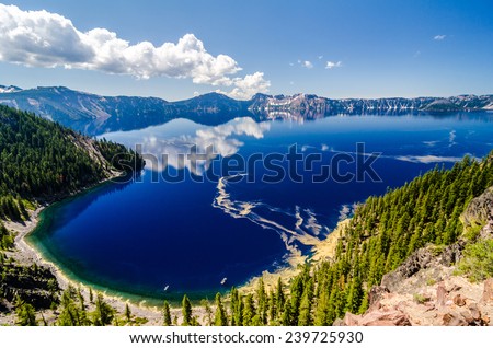 Yellow pine pollen contrasts with the blue surface of Crater Lake, Oregon.
