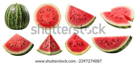 Watermelon watermelons, many angles and view side top front sliced halved bunch cut isolated on white background cutout file. Mockup template for artwork graphic design Royalty-Free Stock Photo #2397274087