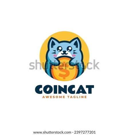 Vector Logo Illustration Coin Cat Mascot Cartoon Style.