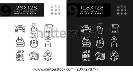 2D pixel perfect dark and light mode icons set representing hiking gear, editable isolated thin line illustration.