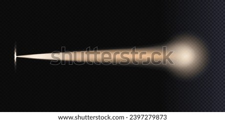 Flashlight beam directed on the wall realistic vector illustration isolated on dark transparent background. Light spot in the dark glowing torch.