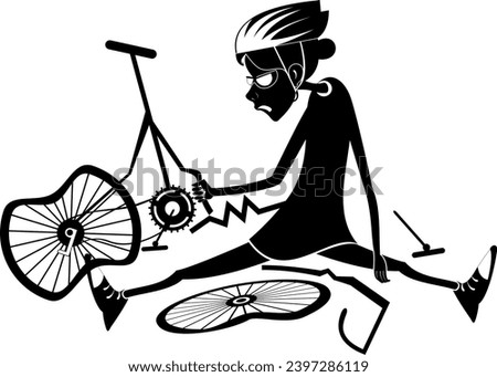 Sad cyclist woman and broken bike. 
Cyclist woman with downcast head sitting near a broken bicycle. Black on white background
