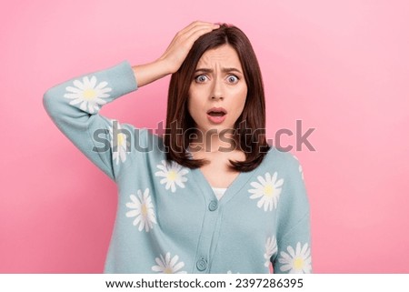 Portrait of charming sad girl touch head confused face forgot important duty fear boss fire her isolated pink color background Royalty-Free Stock Photo #2397286395