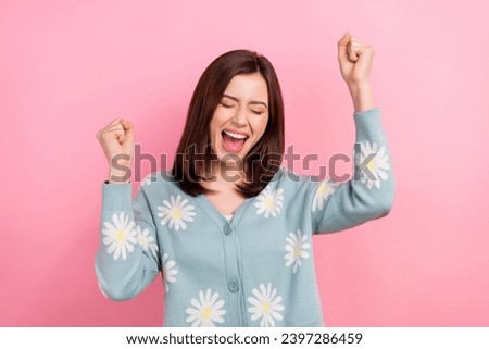 Photo of excited ecstatic lady scream hooray astonished yes yeah win lottery wear cardigan isolated pink color background Royalty-Free Stock Photo #2397286459