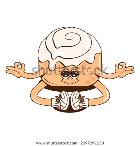 A Groovy cheerful dessert character. Retro cartoon vector illustration with the meditating synabon for print, isticker, stamp or mascot for cafe, restaurant, bar.