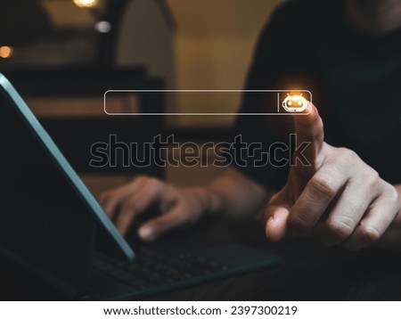 AI searching technology concept. Search engine bar with empty space for text and robot icon button, data search optimization by artificial intelligence while businessman work with laptop computer.