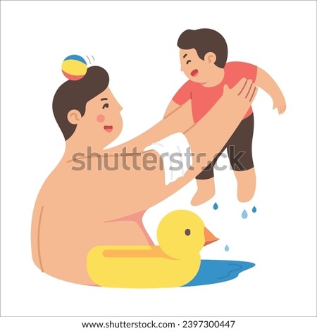 Mother and son playing with rubber duck. Flat style vector illustration.