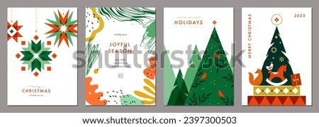 Winter Holiday backgrounds with Christmas ornament, Christmas trees, snowflakes, abstract elements, gift box, birds. Scandinavian style. For graphic and web design, social media banner.