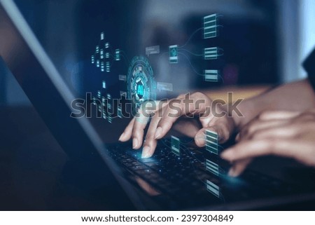 Digital data and technology AI (Artificial intelligence), Big data technology. Scientist computing, analyzing and visualizing complex data set on computer. Royalty-Free Stock Photo #2397304849