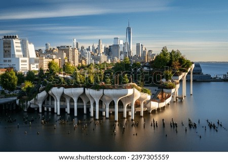 View of downtown Manhattan with the Little Island public elevated park in the foreground. New York City cityscape before the sunset.