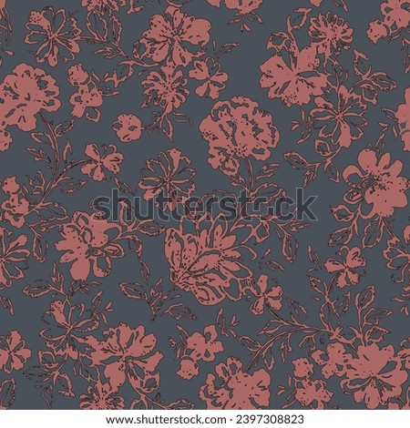 pink seamless vector texture stock flowers leaves pattern on grey background