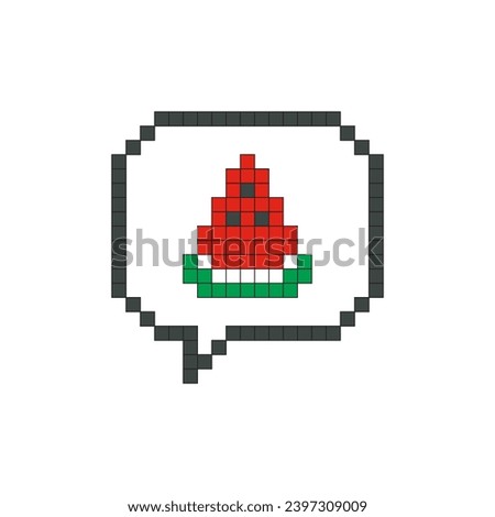 Red watermelon in speech bubble pixel art isolated on white background. Vector illustration of computer game graphics, cute decorations, stickers, dialogue balloons. Geometric style, mosaic, 8 bit.