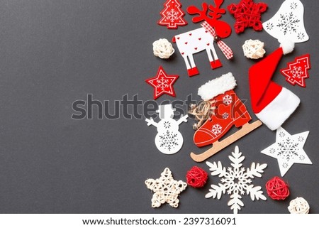 New Year decorations on black background. Merry Christmas concept with empty space for your design.