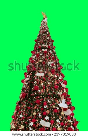Christmas decoration. Hanging Red balls on pine branches. Green Background