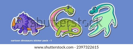 A collection of funny dinosaur vector cartoon character stickers in isolated solid colors background. The first sticker pack features a Triceratops, Plesiosaurs, and Brontosaurus. Royalty-Free Stock Photo #2397322615