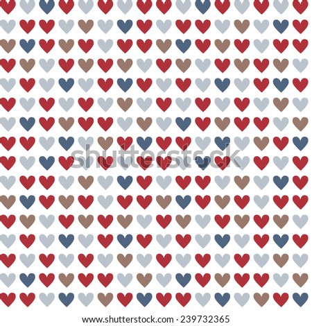 Seamless pattern. Colored red, blue and beige hearts on white background