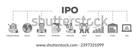 Ipo infographic icon flow process which consists of crowdfunding, public company, approved, investor, trust, equity, stock and risk icon live stroke and easy to edit